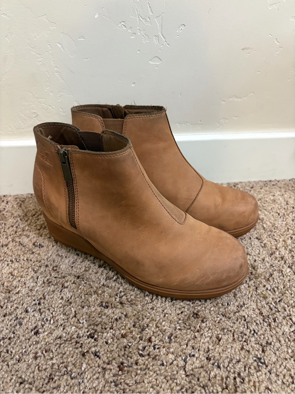 Sorel Women's Evie Zip Leather Boot Rain Boots Wedges Tan Brown Size 9.5
